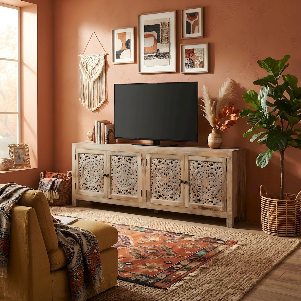 Solid Mango Wood TV Console Sideboard Cabinet with 4 Doors with Storage, Natural