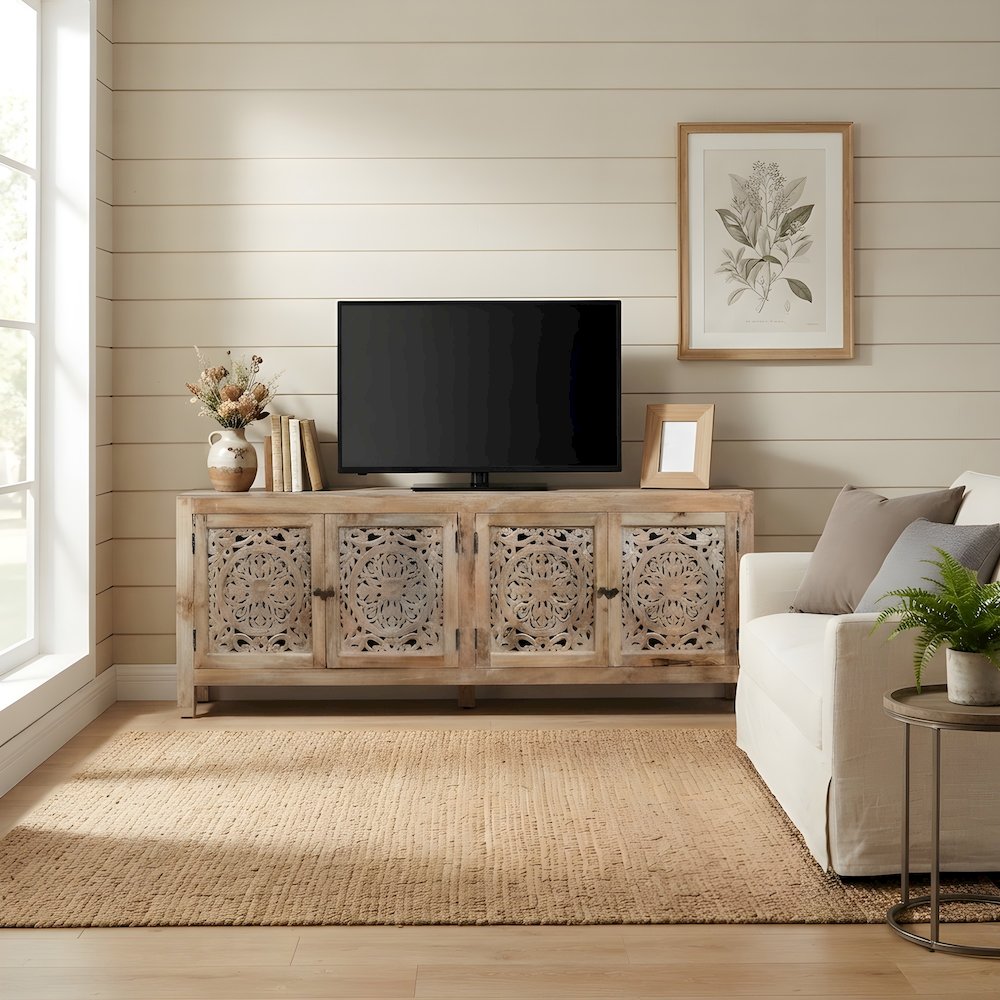 Solid Mango Wood TV Console Sideboard Cabinet with 4 Doors with Storage, Natural