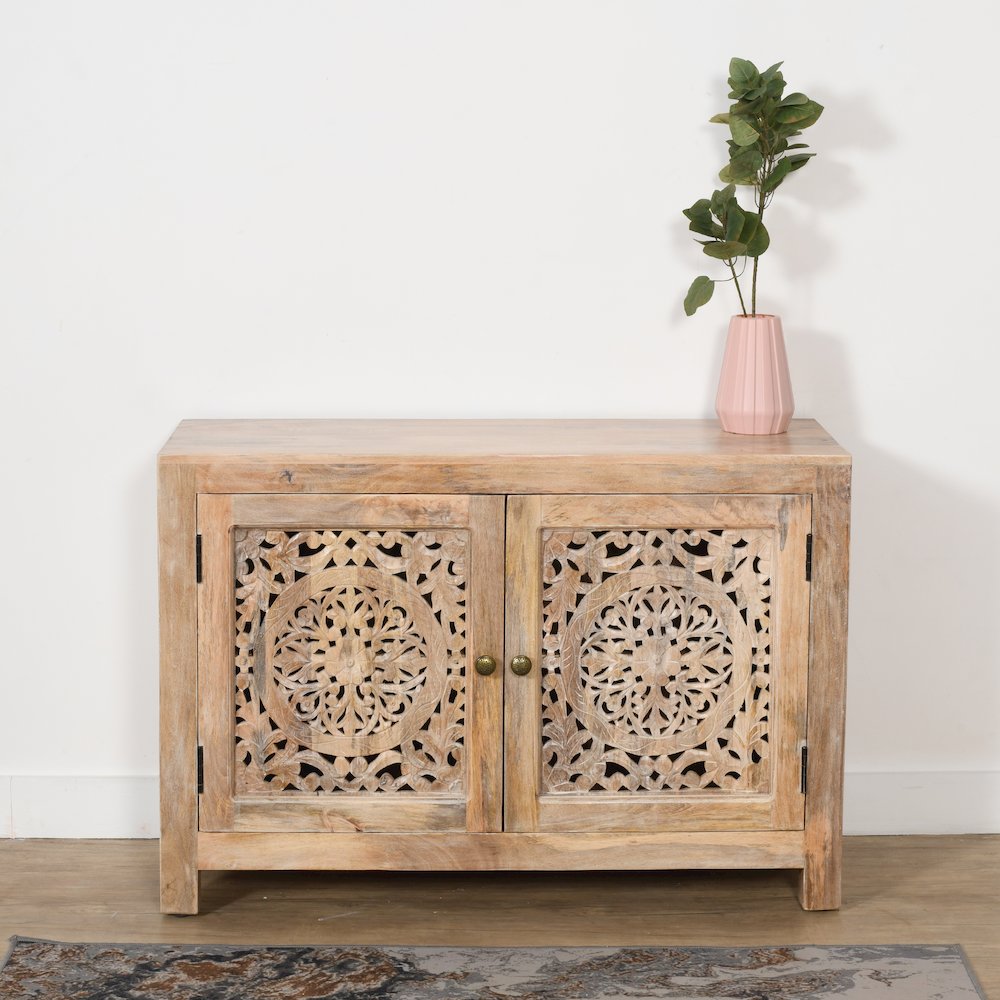 Weatherly 2-Door Accent Cabinet with Hand-Carved Doors in Natural