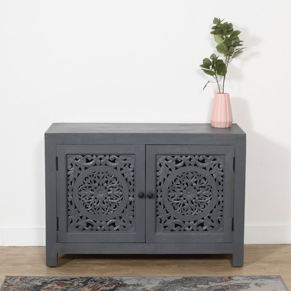 Weatherly 2-Door Accent Cabinet with Hand-Carved Doors in Gray