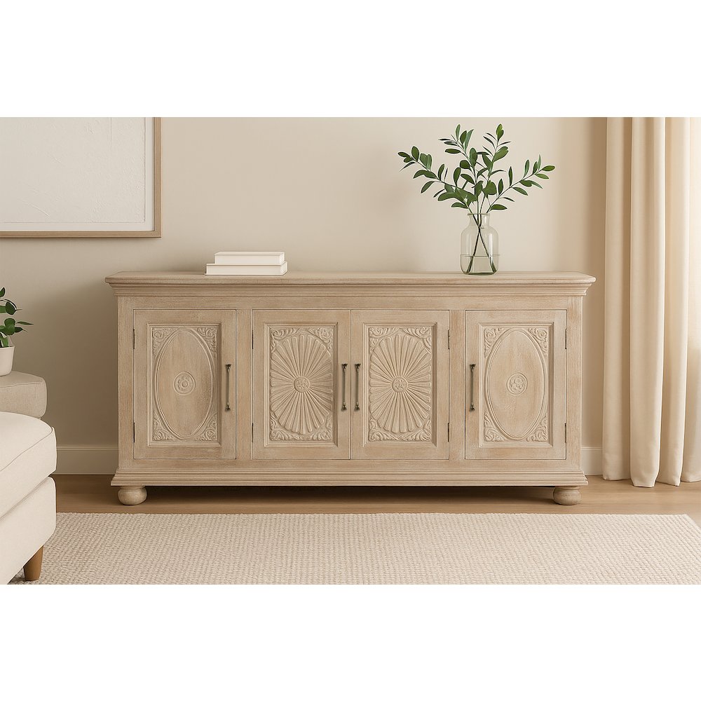 Carter 4-Door Sideboard in Distressed White on Solid Wood