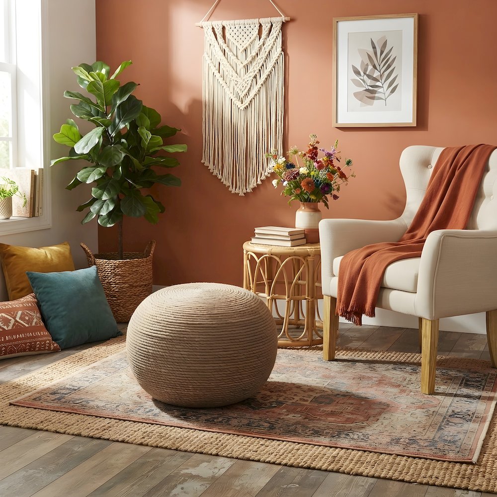 Wool-Upholstered Pouf Ottoman Foot Rest Stool for Living Room, Beige