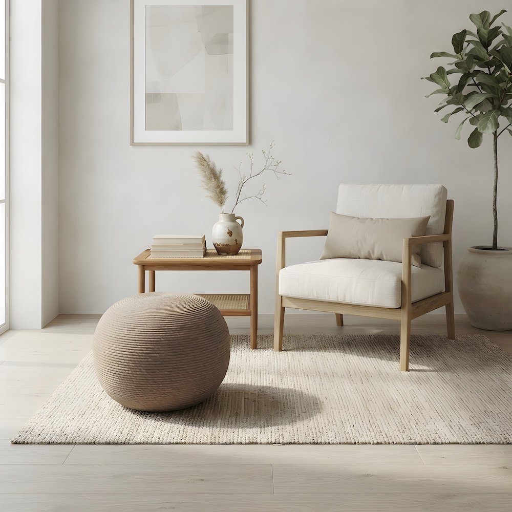 Wool-Upholstered Pouf Ottoman Foot Rest Stool for Living Room, Beige