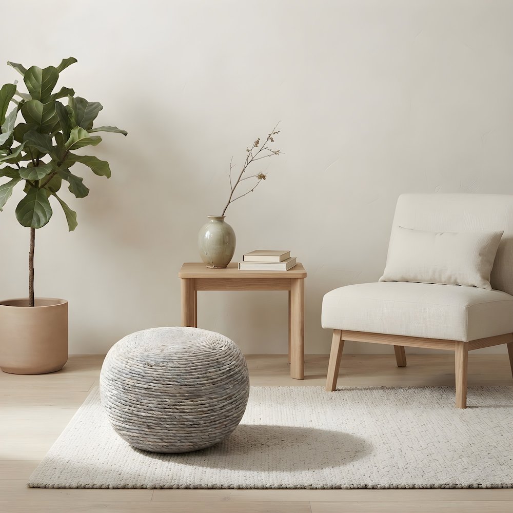 Wool-Upholstered Pouf Ottoman, Modern Woven Footstool and Rest, Silver