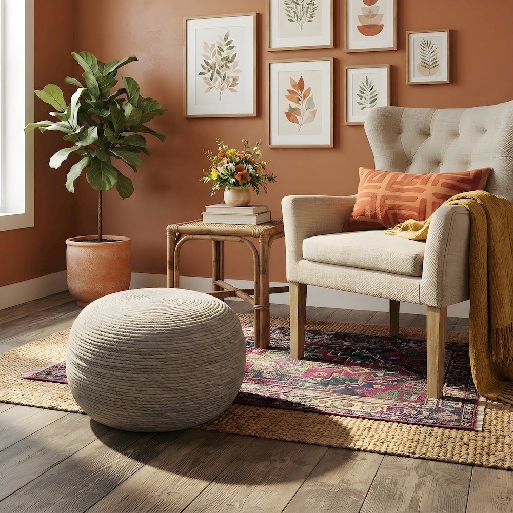 Wool-Upholstered Pouf Ottoman, Modern Woven Footstool and Rest, Silver