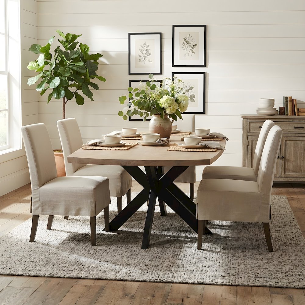 Mango Wood Dining Table with Cross-Leg Iron Base for Dining Room, Natural
