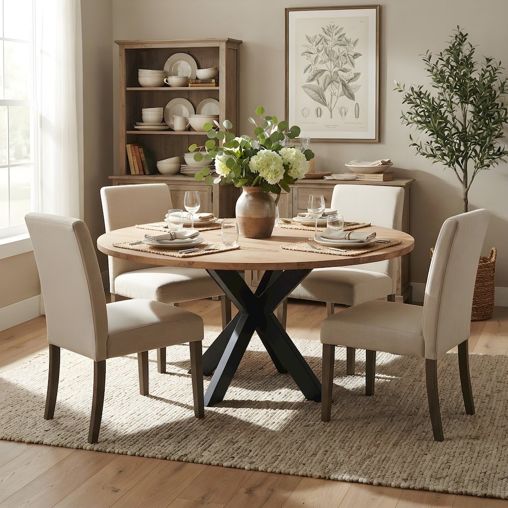 Mango Wood Round Dining Table for 8 with Cross-Leg Base for Dining Room, Natural