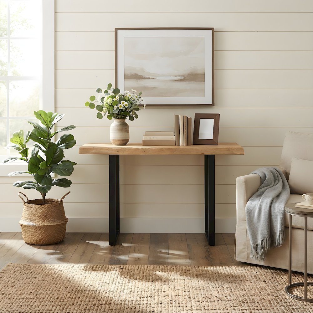 Rustic Solid Wood Farmhouse Console Table with Live Edge for Entryway, Natural