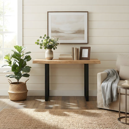 Rustic Solid Wood Farmhouse Console Table with Live Edge for Entryway, Natural