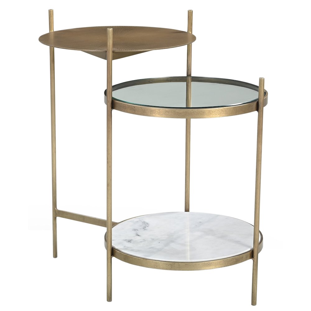 Galahad Iron Side Table in Textured Brass with Marble Shelf