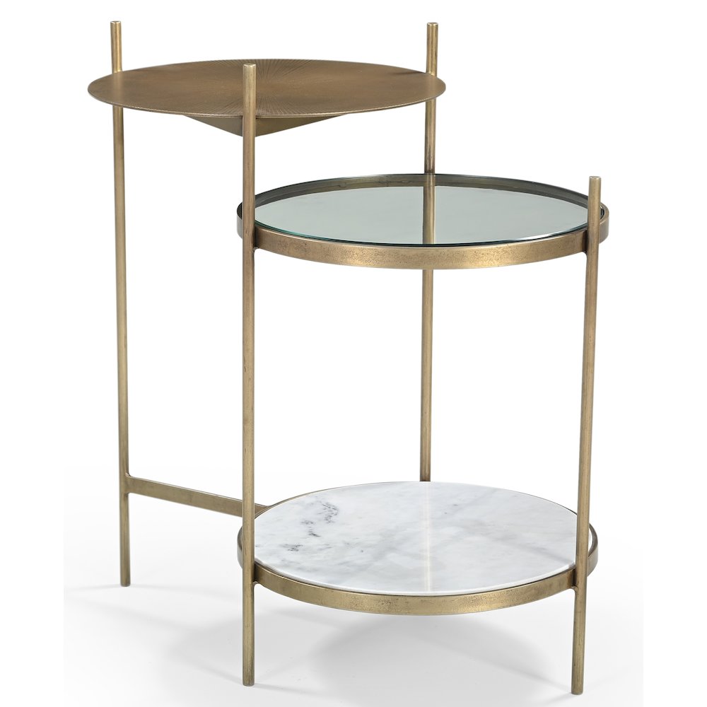 Galahad Iron Side Table in Textured Brass with Marble Shelf