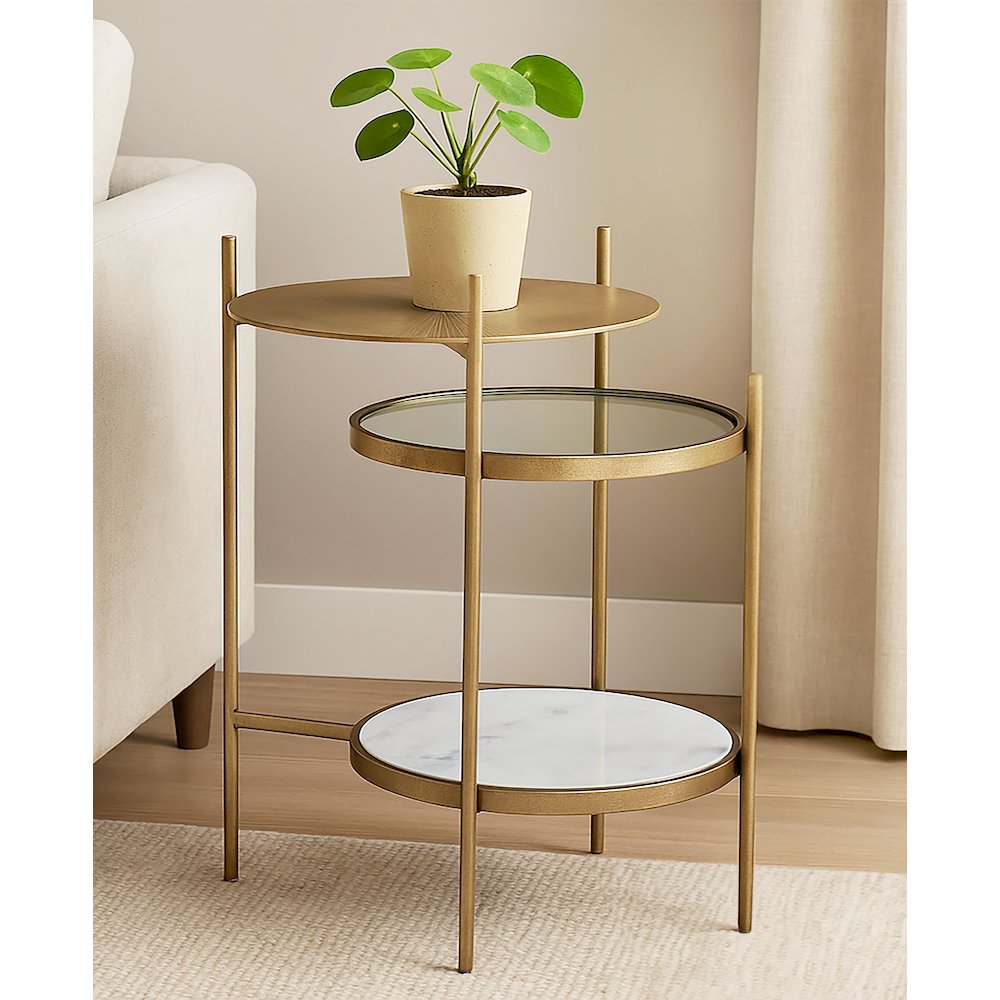 Galahad Iron Side Table in Textured Brass with Marble Shelf