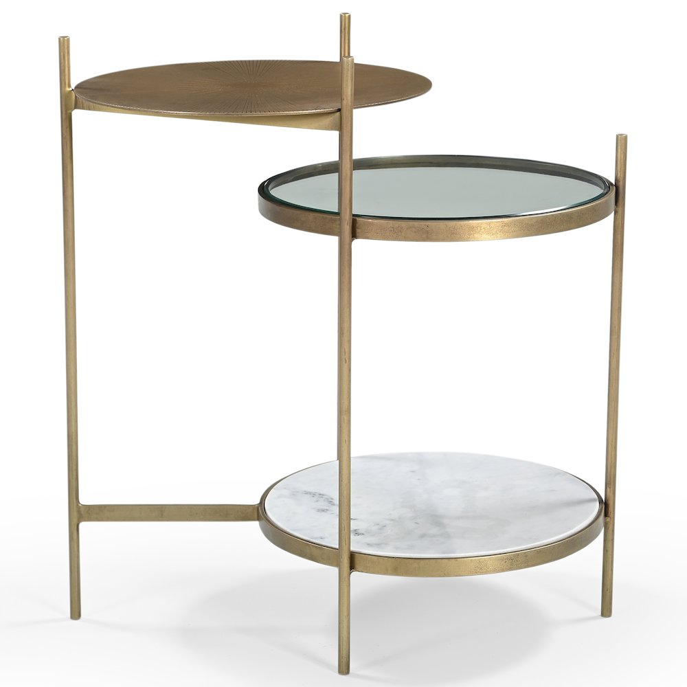 Galahad Iron Side Table in Textured Brass with Marble Shelf