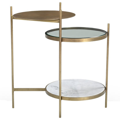 Galahad Iron Side Table in Textured Brass with Marble Shelf