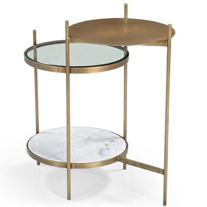 Galahad Iron Side Table in Textured Brass with Marble Shelf