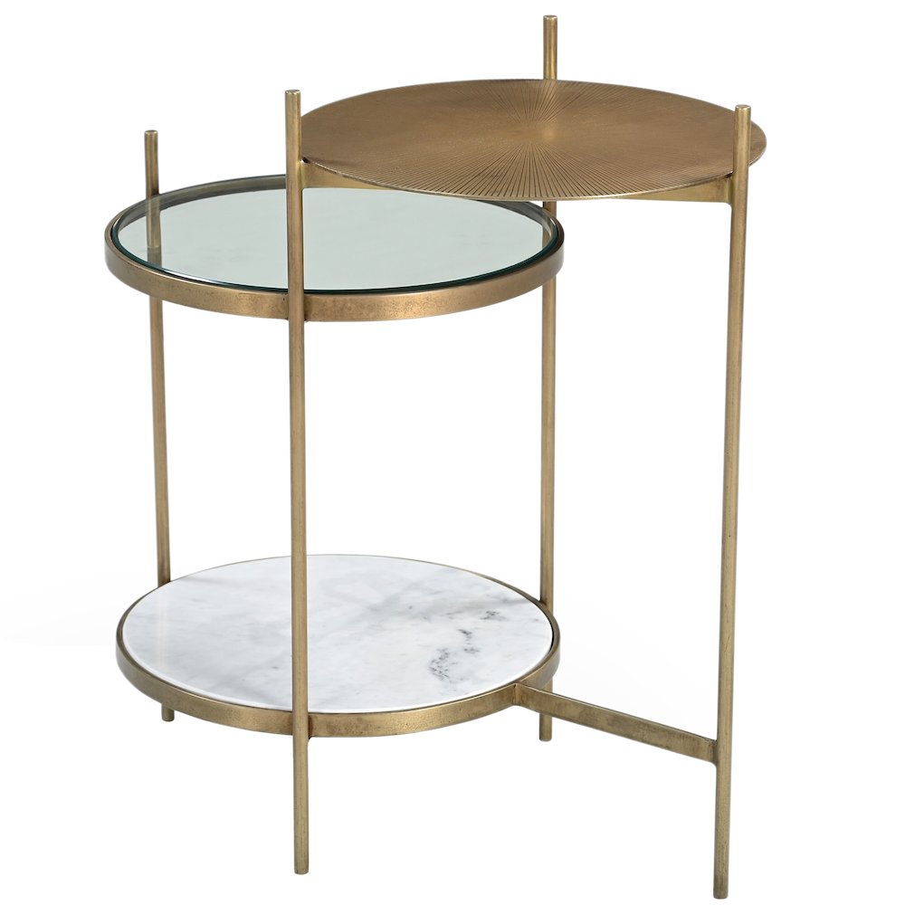 Galahad Iron Side Table in Textured Brass with Marble Shelf