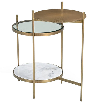 Galahad Iron Side Table in Textured Brass with Marble Shelf