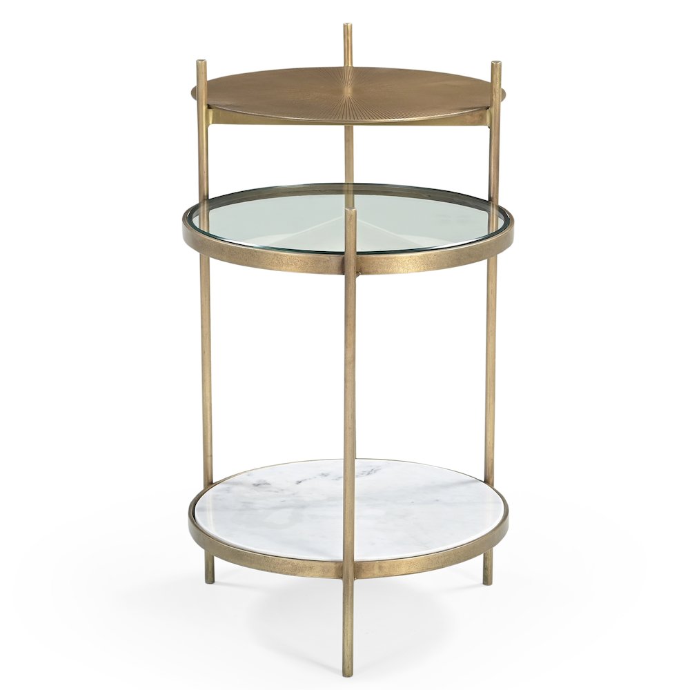 Galahad Iron Side Table in Textured Brass with Marble Shelf