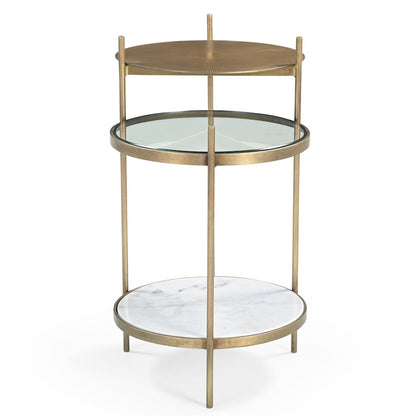 Galahad Iron Side Table in Textured Brass with Marble Shelf