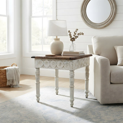 Solid Mango Wood Hand-Carved End Side Table, Natural and White
