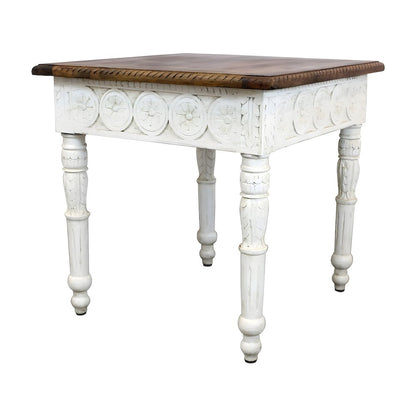 Solid Mango Wood Hand-Carved End Side Table, Natural and White