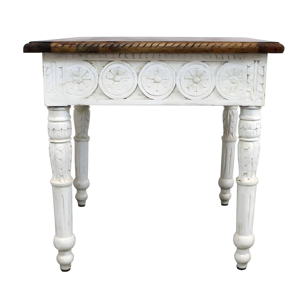 Solid Mango Wood Hand-Carved End Side Table, Natural and White