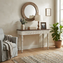 Solid Mango Wood Hand-Carved Console Table, Natural and White