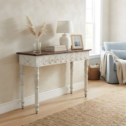 Solid Mango Wood Hand-Carved Console Table, Natural and White