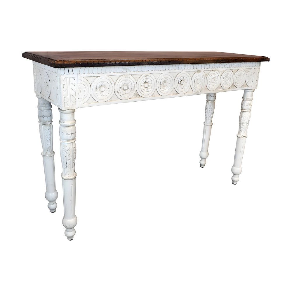 Solid Mango Wood Hand-Carved Console Table, Natural and White