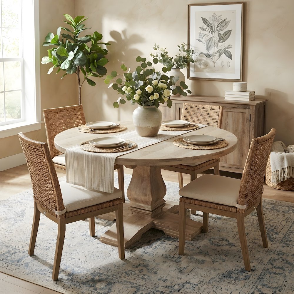 Solid Mango Wood Round Pedestal Dining Table for Dining Room, White Wash