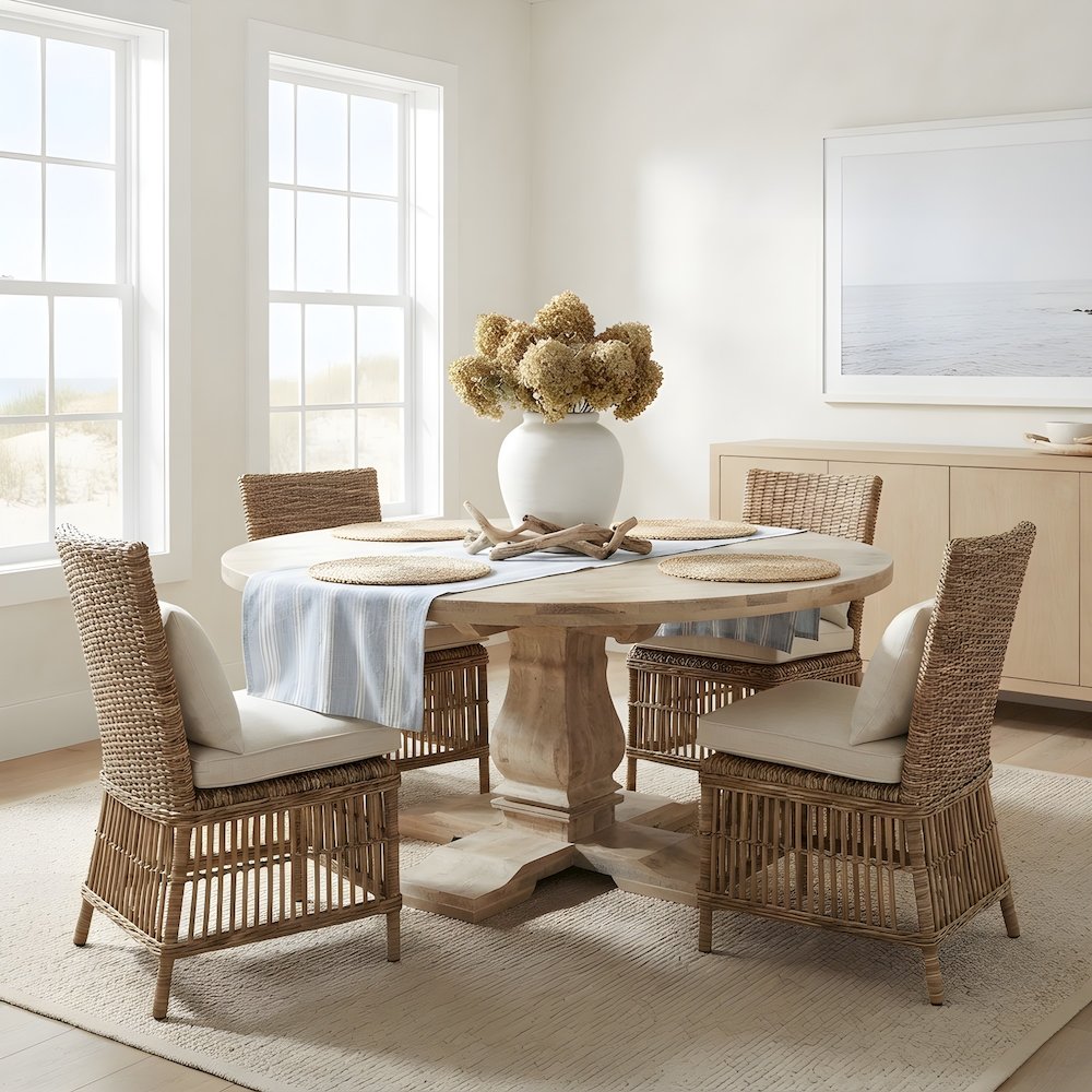 Solid Mango Wood Round Pedestal Dining Table for Dining Room, White Wash