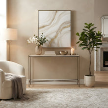 Travertine and Iron Console Table with Four-Leg Base, Ivory, Brass