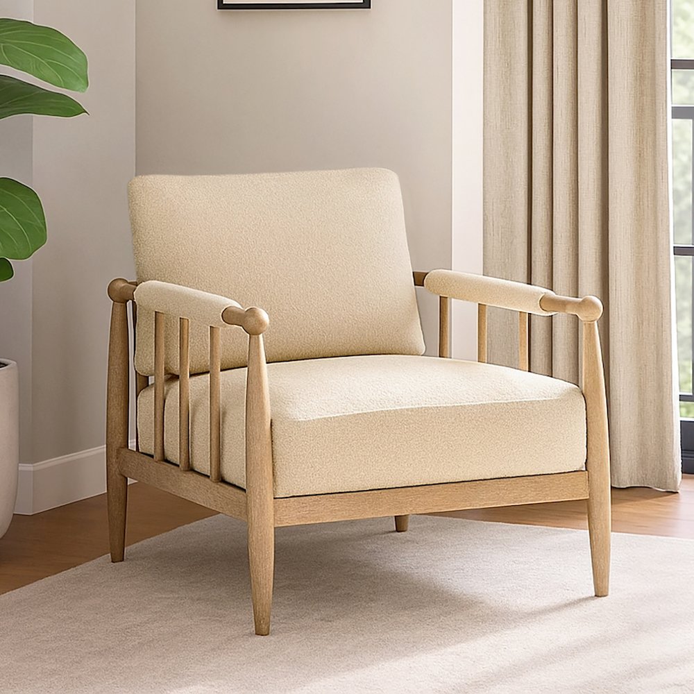 Venus Lounge Chair in Beige Boucle on Natural Solid Wood
