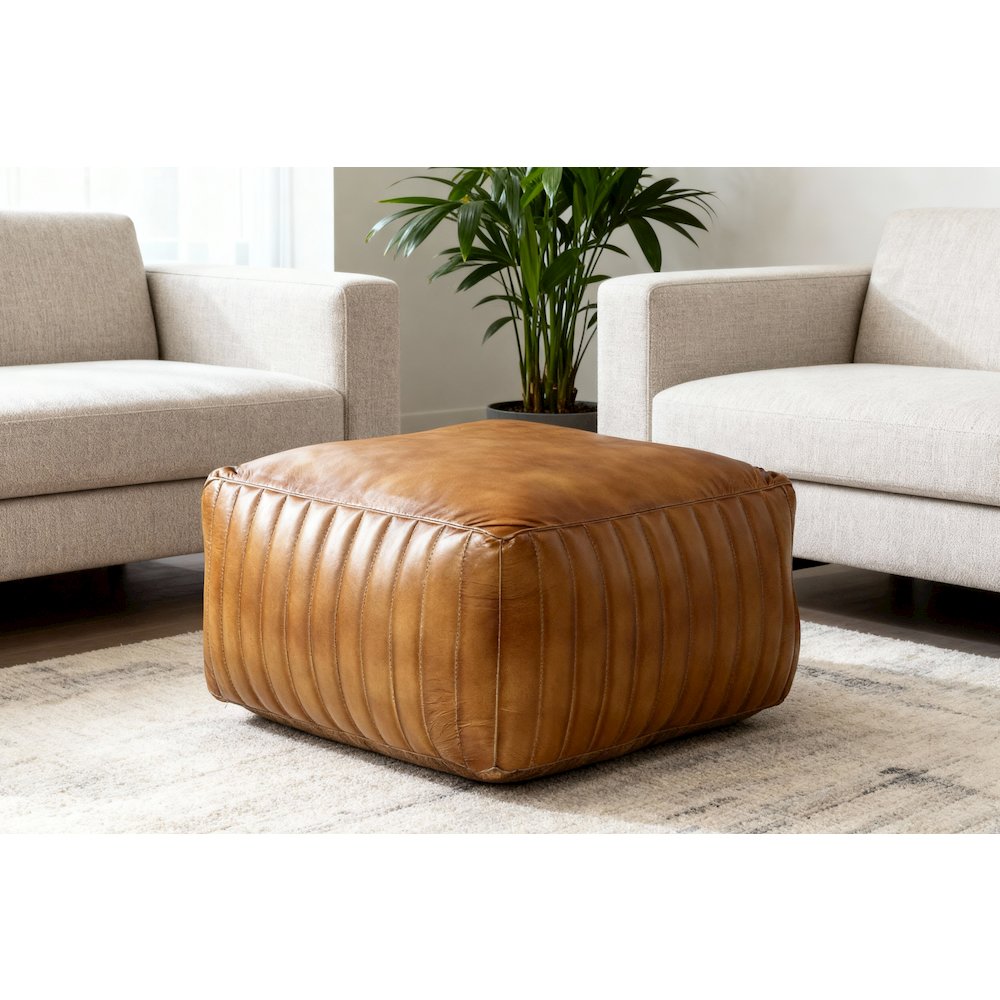 Brie Leather Pouf - Caramel