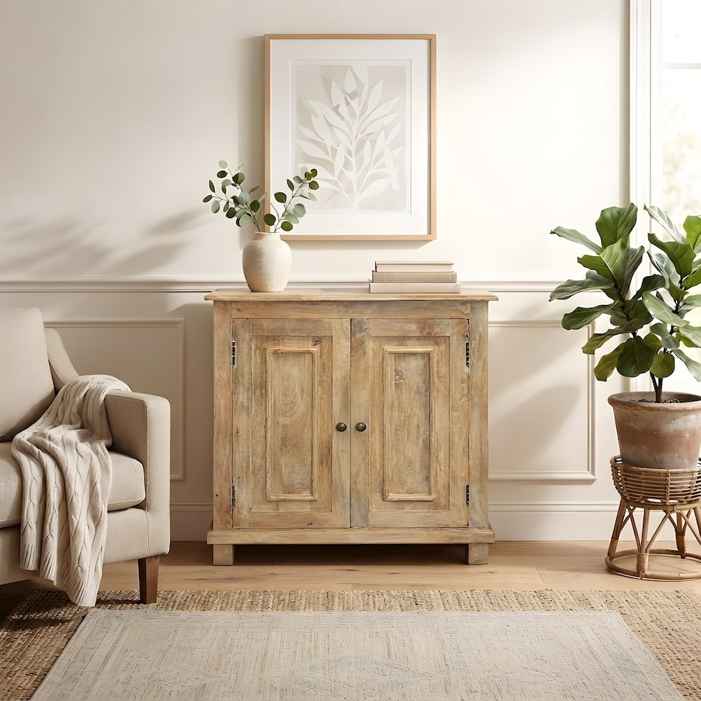 Solid Mango Wood Farmhouse Buffet Cabinet with 2-Door Storage Cabinet, Natural