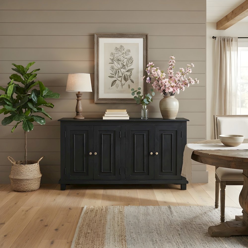 Solid Mango Wood Sideboard Buffet Cabinet with 4-Door Storage, Dark Charcoal