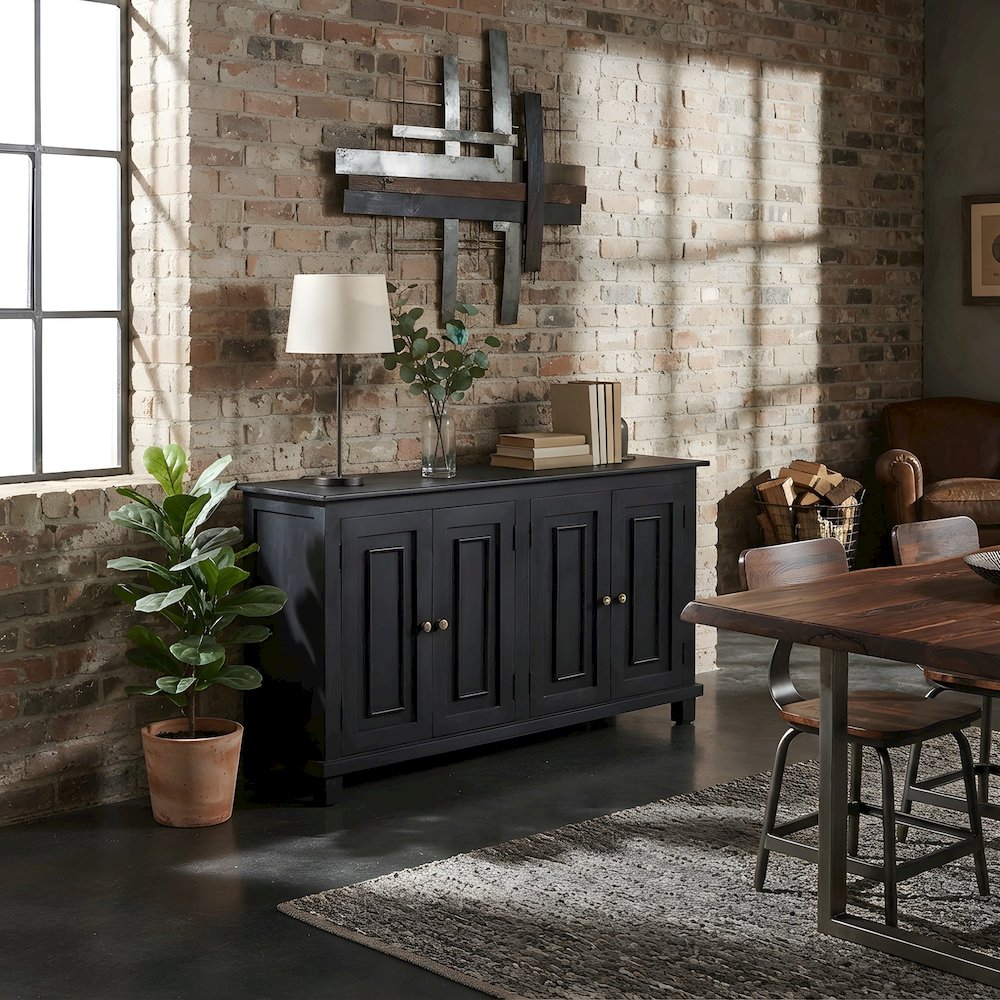 Solid Mango Wood Sideboard Buffet Cabinet with 4-Door Storage, Dark Charcoal