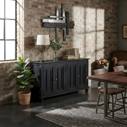 Solid Mango Wood Sideboard Buffet Cabinet with 4-Door Storage, Dark Charcoal
