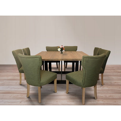 9-Piece Dining Set 8 Jill Dining Chairs in Green Fabric Natural Legs