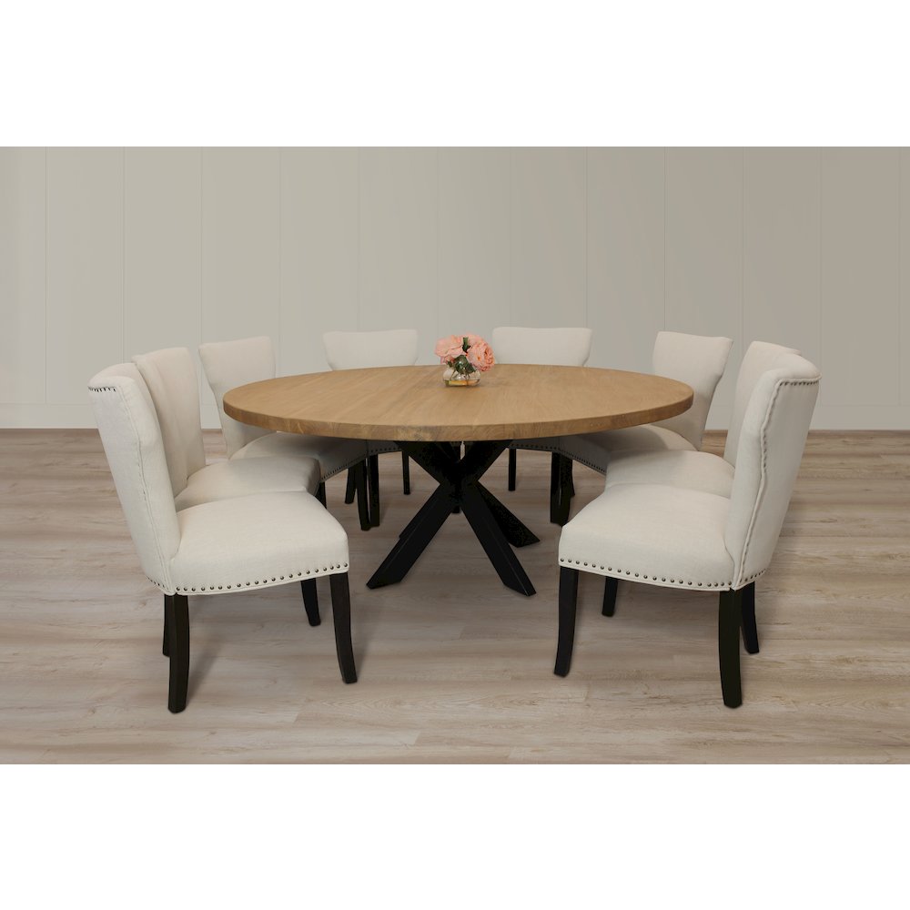 9-Piece 72 Dining Set 8 Dining Chairs in Ivory Linen Fabric Antique Brown Legs