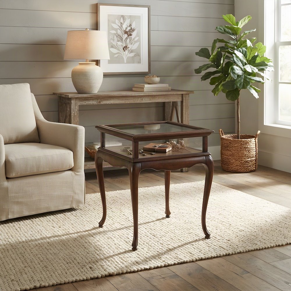 Dark Brown Shadow Box Coffee Table with Glass Top and Display Storage