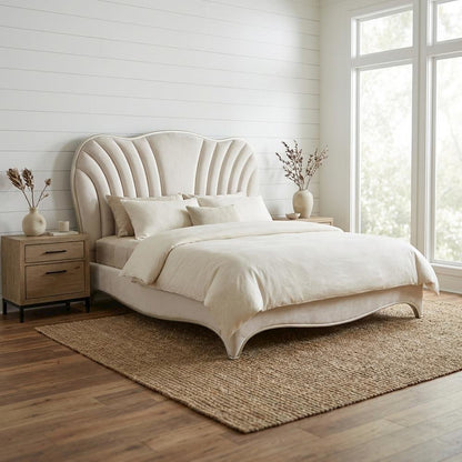 London Place Eastern King Velvet Panel Bed - Creamy Pearl