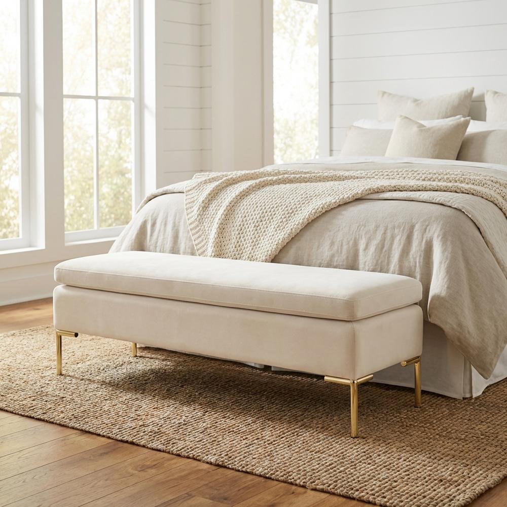 Zennia Velvet Accent Bench - Ivory/Gold