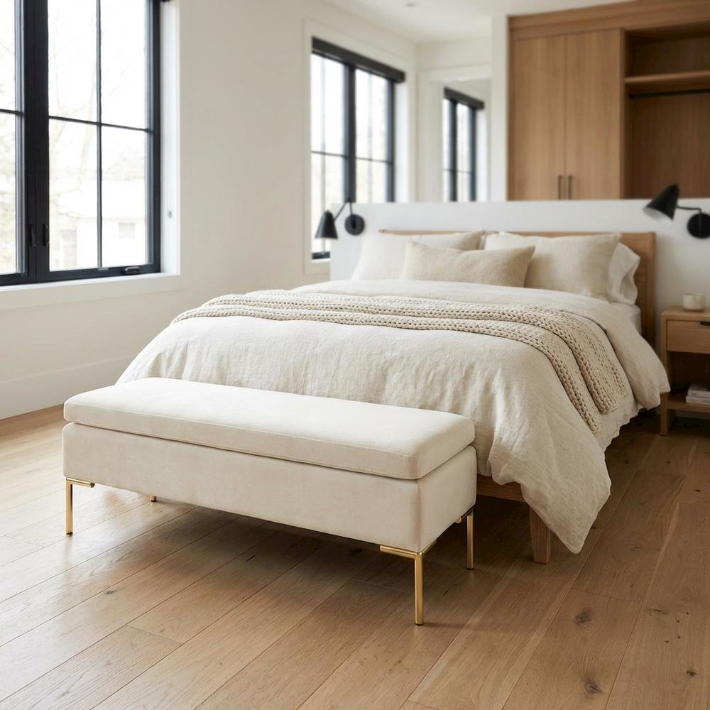 Zennia Velvet Accent Bench - Ivory/Gold