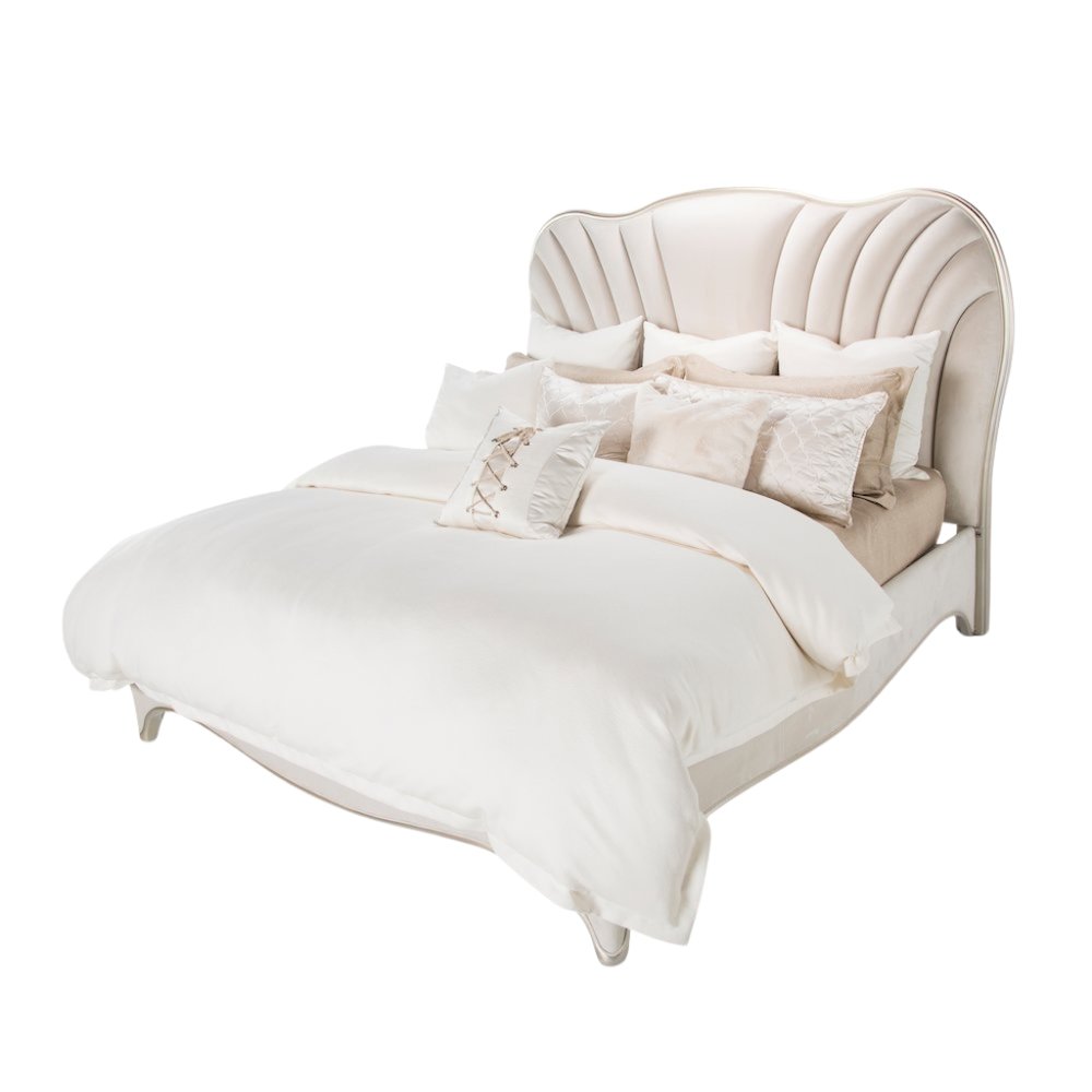 Cream Bed Frame with Velvet Upholstery and King Platform Structure