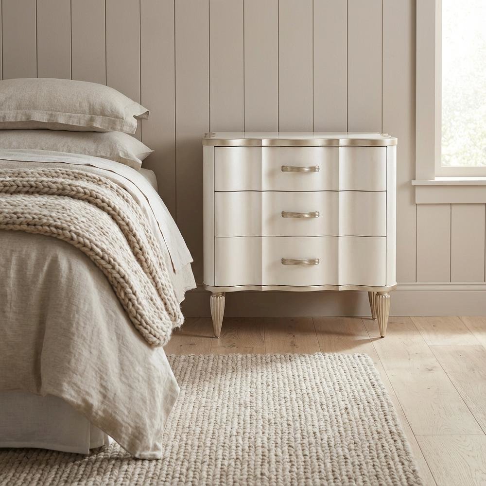 Creamy Pearl Nightstand with Marble Top and Poplar Wood Finish