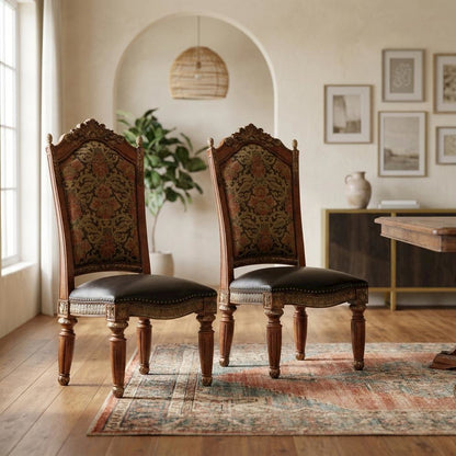 Classic Chestnut Dining Side Chairs with Leather & Jacquard Upholstery, Set of 2