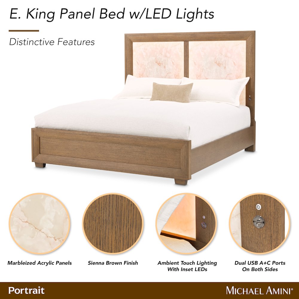 Portrait Eastern King Panel Bed with LED Lights - Sienna Brown