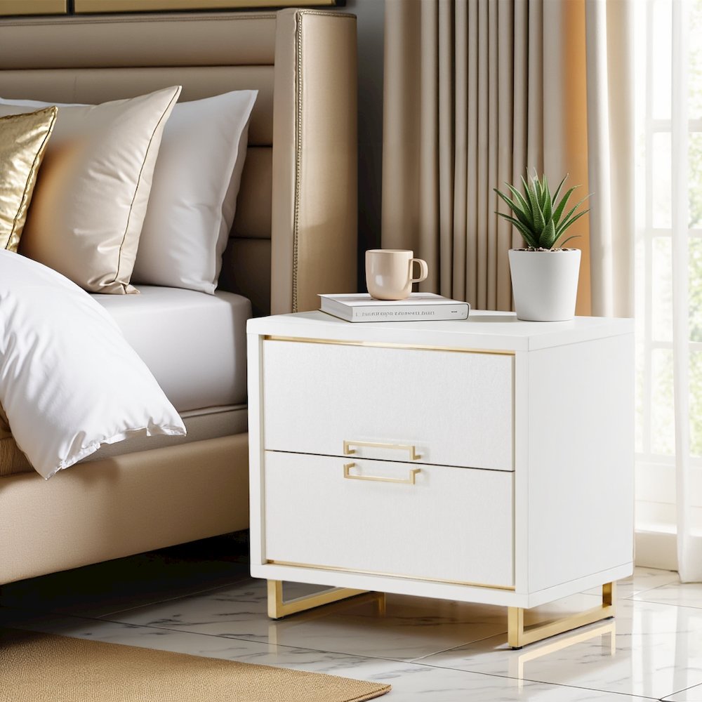 White Bedside Table – Gold and White 2 Drawer Nightstand for Bedroom