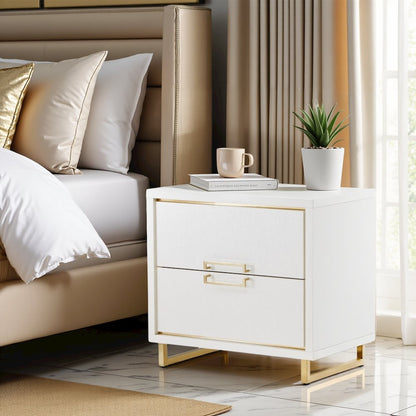 White Bedside Table – Gold and White 2 Drawer Nightstand for Bedroom